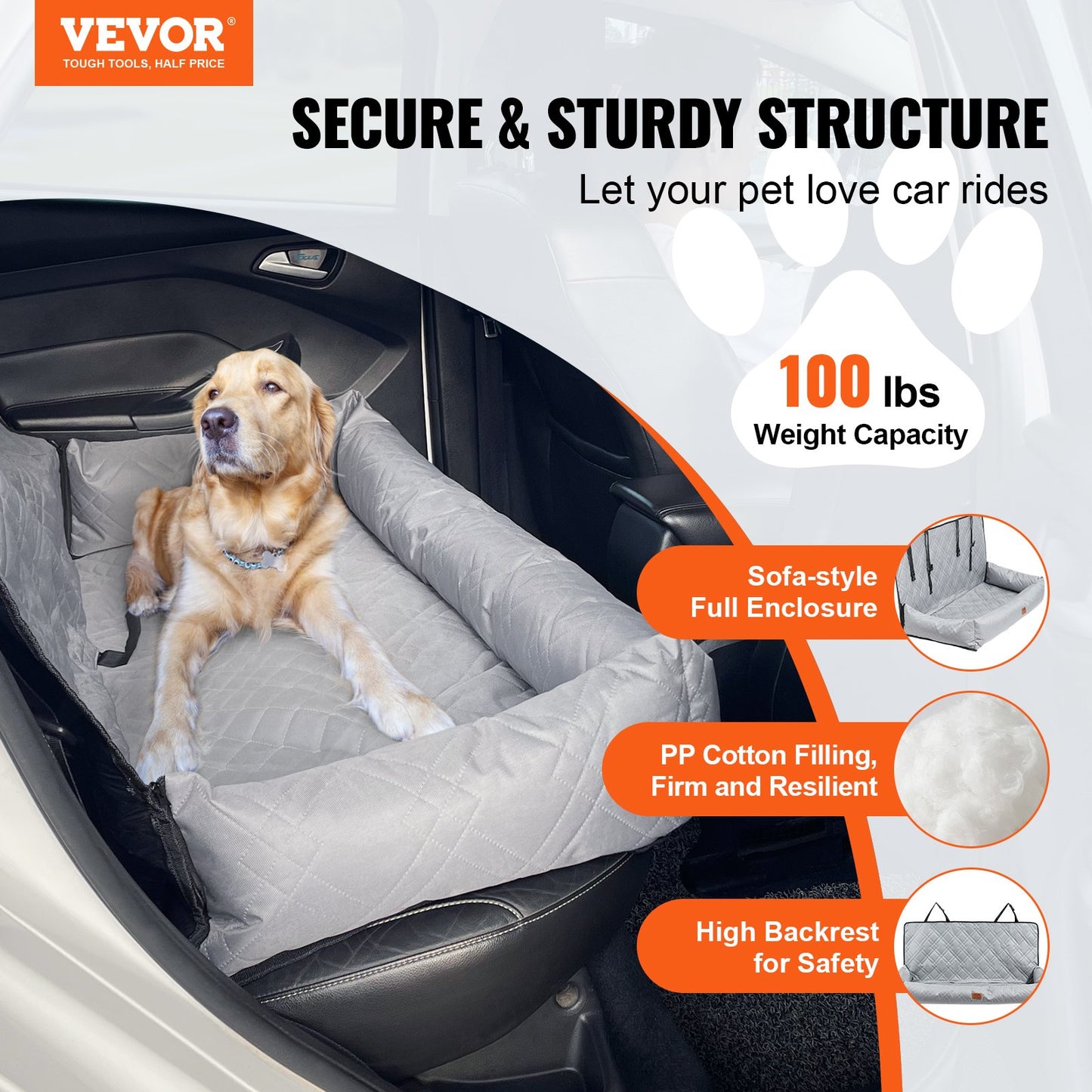 Dog Car Seat, Waterproof Dog Booster Seat For Car, Pet Car Seat With Clip-On Safety Leash, PP Cotton Filling, Dog Car Bed For Medium & Large Dog Up To 100 Lbs, Gray